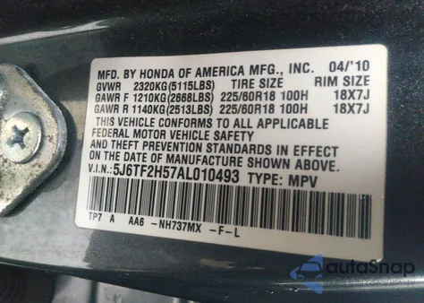 2010 Honda Accord Crosstour Ex-L from USA, damaged, VIN 5J6TF2H57AL010493